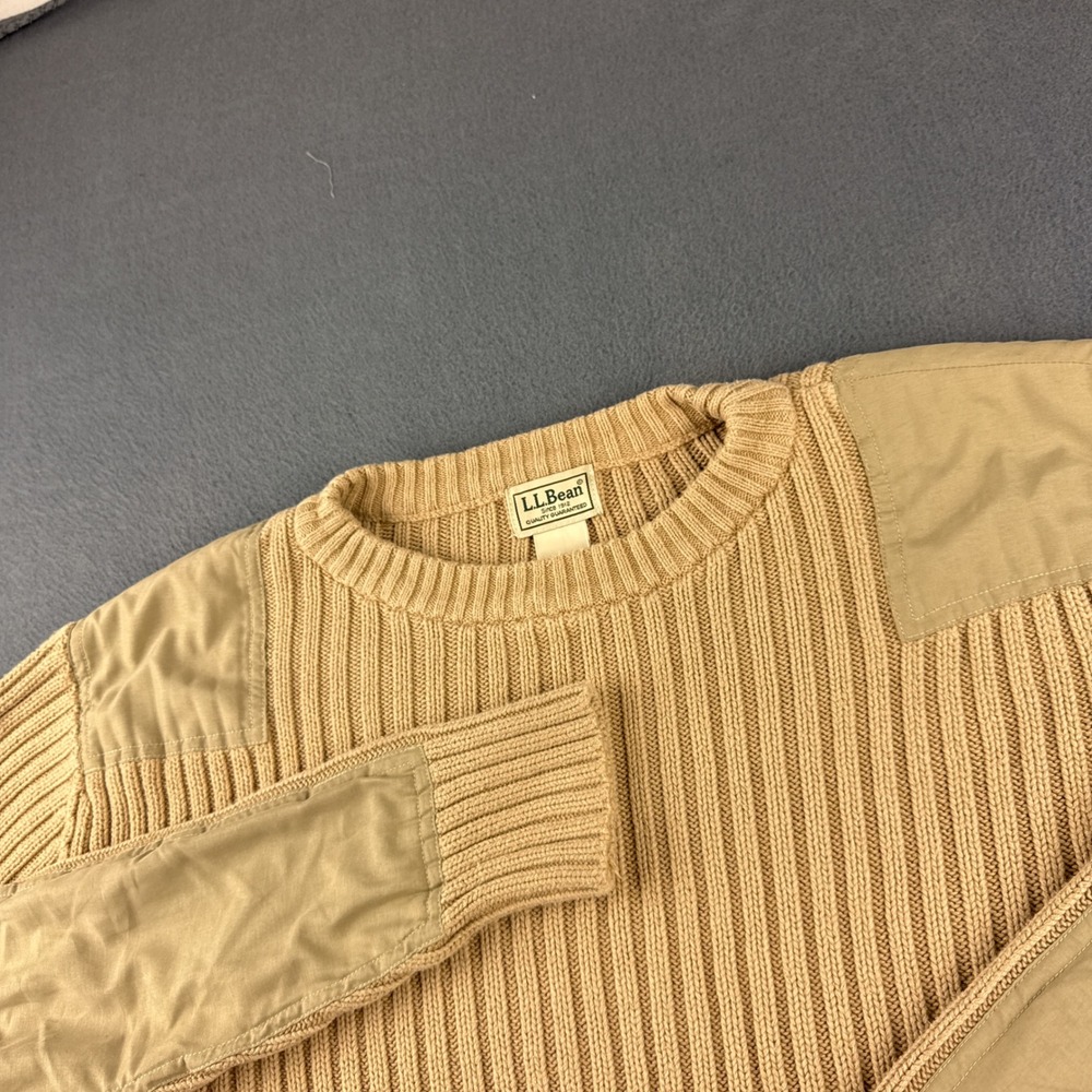 LL Bean Commando Sweater Mens L Beige Ribbed Knit Cotton Shooting Shoulder Patch